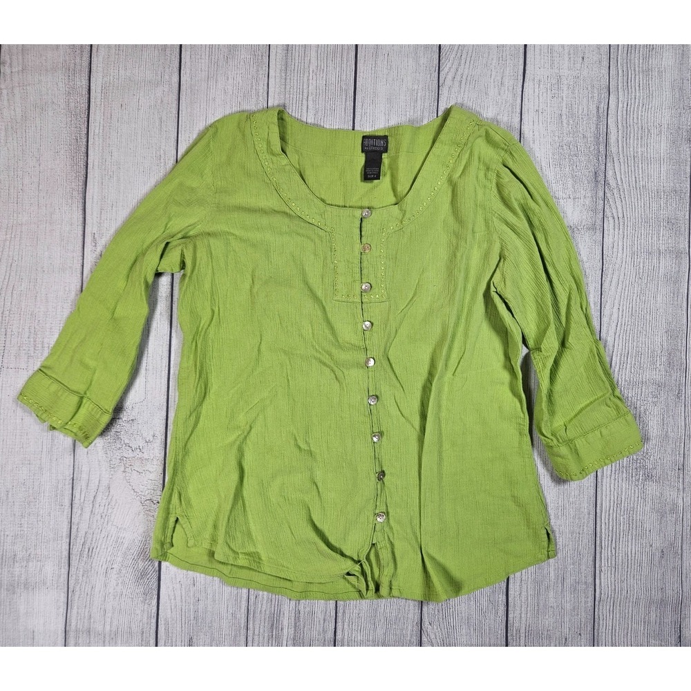 Additions by Chico's Blouse Women's L Green Gauze Cotton Lagenlook Button